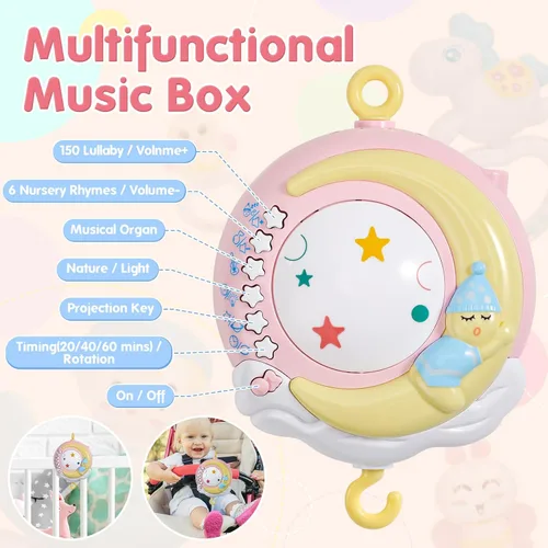 Vista 4 de BOBXIN - Móvil para cuna para bebé niña con 150 música y proyector Timing, luz nocturna, sonajero y caja musical para llevar, control remoto, cuna