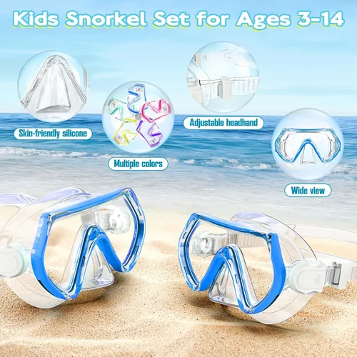 Vista 5 de 2 juegos de equipo de esnórquel para niños de 3 a 14 años, antivaho 180° Clear View Dry Top Snorkel Set, máscara de natación con cubierta nasal