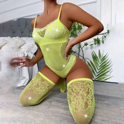 Vista 4 de Conjunto de lencería de red para mujer para sexo, travieso sexy malla de encaje brillante con diamantes de imitación con medias altas hasta el muslo