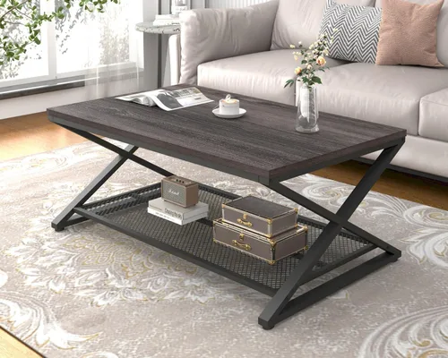 Vista 14 de LVB - Mesa de centro negra de 2 niveles con almacenamiento, 39 pulgadas Industrial Metal Wood Living Room Table with Storage, Farmhouse Wooden