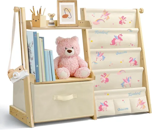 Vista 9 de Estantería infantil y organizador de juguetes 2 en 1, estante para libros para habitaciones de niños con cubo de juguetes móvil, estante de 4 Beige