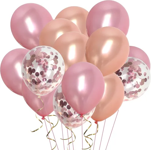Vista 7 de Globos de confeti de oro rosa y rosa - 50 unidades, 12 pulgadas, para decoraciones de fiesta de cumpleaños