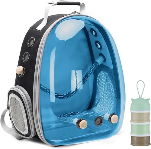 Vista 13 de Jaula de transporte de pájaros, cápsula de espacio transparente, mochila de astronauta para llevar periquitos, cacatúas, loro con bandeja de metal