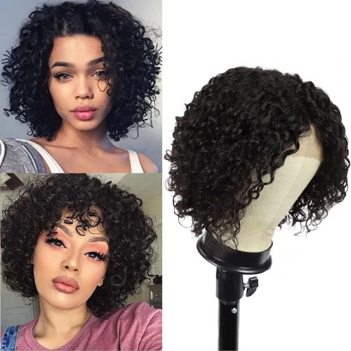Vista 12 de Blissource Pelucas de cabello humano corto y rizado para mujeres negras, pelucas de cabello humano ondulado con parte en L, pelucas de encaje