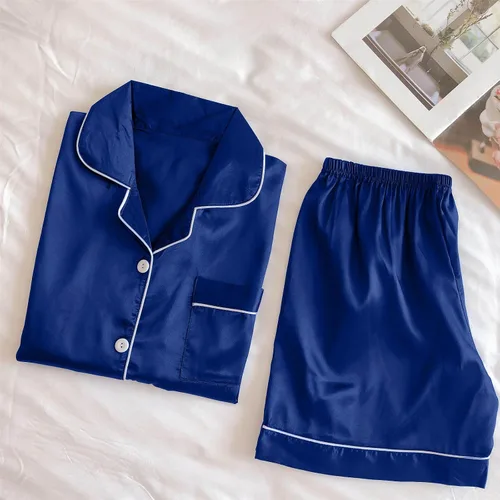 Vista 3 de Conjunto de pijama de satén para mujer, con botones, manga corta, 2 piezas, pijama de seda, suave, cómodo, sólido, ropa de dormir