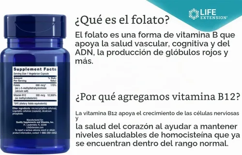 Vista 3 de Life Extension BioActive Folato y vitamina B12, 150 cápsulas vegetarianas (paquete de 2), sin OMG, sin gluten