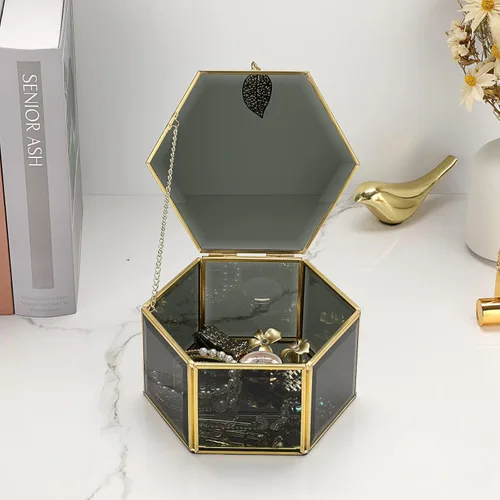 Vista 6 de ELLDOO Joyero de cristal negro organizador de joyería hexagonal con ribete dorado caja de recuerdo decoración decorativa caja de vidrio con tapa