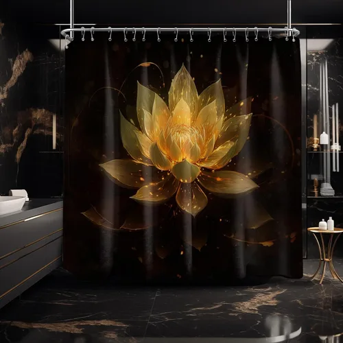 Vista 37 de Cortina de ducha con flores de loto negro y azul para decoración de baño, juego de cortinas decorativas de baño con estampado floral, tela