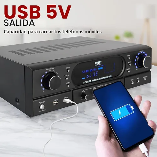 Vista 8 de Pyle Amplificador receptor de cine en casa Bluetooth – Amplificador de potencia máxima de 180 W con agudos, graves, control de eco, MP3/USB/FM
