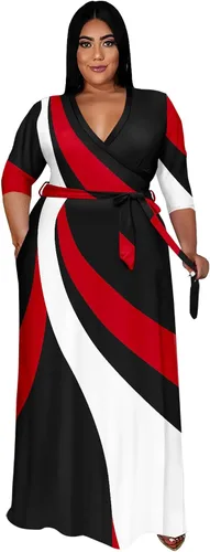 Vista 24 de Runwind Vestidos de Talla Grande para Mujeres Vestido Maxi Floral Suelto Manga 3/4 con Cinturón 01-Negro