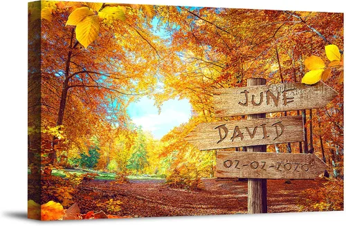Vista 24 de Bosque Otoñal Foto o Impresiones en Lienzo Personalizadas Únicas con Nombres de la Pareja y Fecha Especial en Letrero, Regalo Perfecto