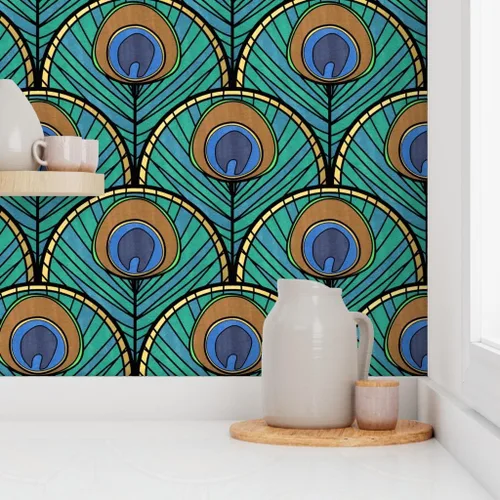 Vista 8 de Spoonflower Despegar y pegar papel pintado Swatch – Patrón de abanico Art Deco de pavo real pluma azul verde 1920 inspirado vintage dorado estampado