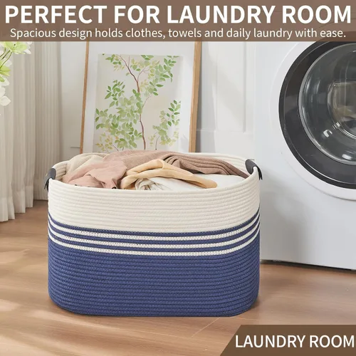 Vista 5 de DOFASAYI Cesta de lavandería grande de 72 litros con asas de cuero, cesta de almacenamiento decorativa para mantas, cesta de ropa para sala