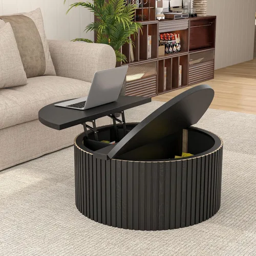 Vista 5 de Fsbecl 34'' Round Fluted Lift Top Coffee Table with Hidden Storage, Black Wooden Center Table, Lift Top Coffee Table for Living Room, Home Decor