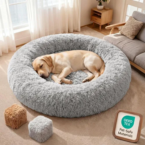 Vista 11 de Cama ortopédica con forma de dona de alta calidad para perros de tamaño grande, cama ortopédica de espuma viscoelástica doble para perros