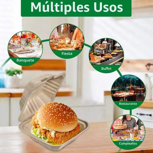 Vista 3 de Aricsen Paquete de 50 Cajas de Almuerzo Cuadradas Pequeñas Desechables Compostables de 6 x 6 Pulgadas, Recipientes para Llevar con Tapa, Concha Tipo