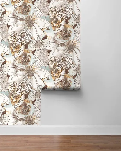 Vista 8 de NextWall Harry & Grace Ink Rose - Papel tapiz para despegar y pegar, diseño floral abstracto (Mocha y Niebla Azul)