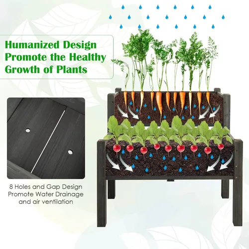 Vista 4 de RELAX4LIFE Cama de jardín elevada de 2 niveles, maceta elevada de madera de abeto con patas, 8 agujeros de drenaje, capacidad de 220 para cultivar