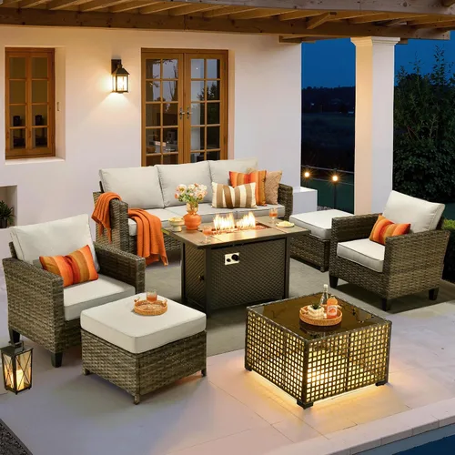 Vista 29 de ovios Juego de muebles de patio de 4 piezas con sofá de exterior, luces solares, mesa, cojines cómodos, sofá de conversación de mimbre de ratán
