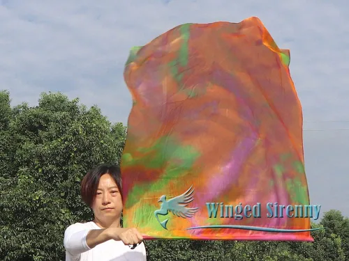 Vista 5 de Winged Sirenny Bandera de seda Poi con una varilla dura, 40 pulgadas rectangular giratoria de seda fluida para iglesia, adoración profética