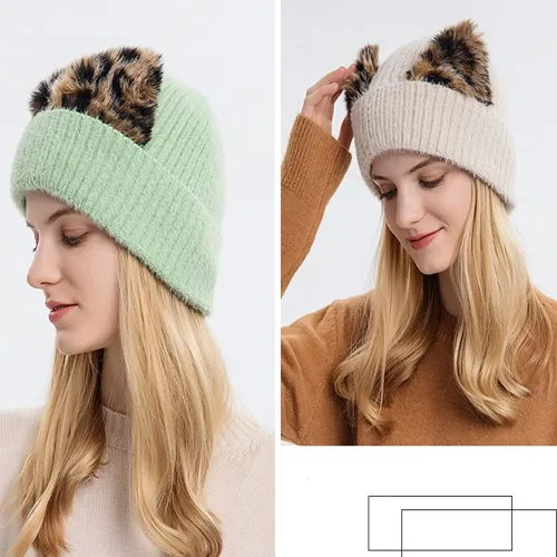 Vista 4 de YEKEYI Gorro para mujer, lindo gorro de invierno con orejas de gato, gorro de invierno con cuernos, gorro de punto con puños cálidos