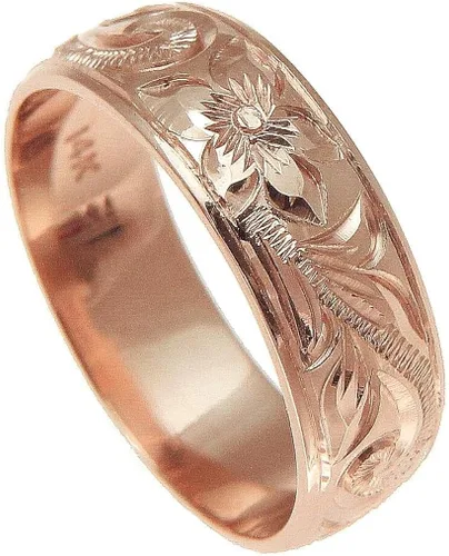 Vista 2 de Anillo de oro rosa de 14 quilates grabado a mano de plumeria hawaiana con borde liso 0.236in
