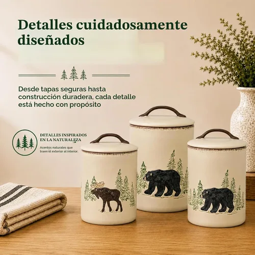 Vista 3 de Park Designs Juego de recipientes de cerámica rústica Retreat de 3 piezas Almacenamiento rústico de encimera Sello hermético Recipiente