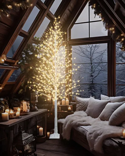 Vista 7 de TORONTOKYO Árbol de abedul iluminado de 8 pies, 1440 luces LED blancas cálidas, 8 modos de iluminación, árbol de Navidad artificial blanco con 7.9 ft