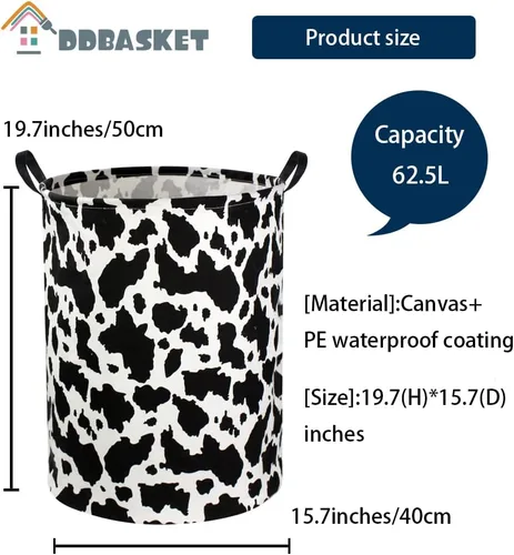 Vista 2 de Cesta de lavandería con estampado de vaca, cesta plegable para almacenamiento de juguetes, con asas, para decoración de habitación de niños y niñas