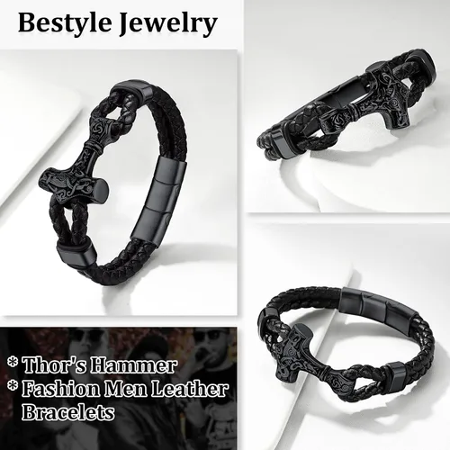 Vista 3 de Bestyle Pulseras vikingas trenzadas de cuero genuino para hombres y niños, estilo vintage, martillo de Thor, calavera, masón masónico, pulseras