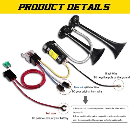 Vista 4 de GAMPRO Bocina de aire de 150db 12V, trompeta doble de zinc cromado con compresor para cualquier vehículo de 12 V (negro)