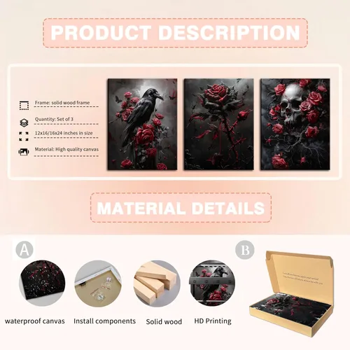 Vista 6 de Juego de 3 lienzos góticos para pared, diseño de rosas románticas de Halloween, decoración de pared, pósteres de calavera de cuervo gótico oscuro