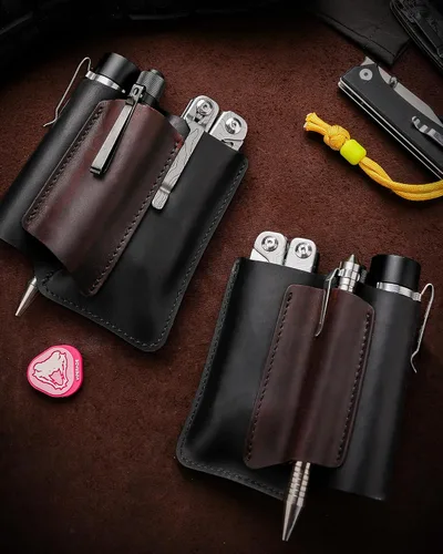 Vista 9 de VIPERAED PJ38 Funda multiherramienta de cuero para hombres, 4 en 1, organizador de bolsillo EDC para cuchillo de bolsillo, linterna multiherramienta