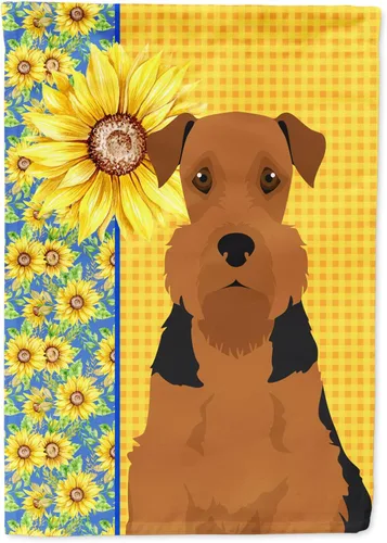 Vista 343 de Caroline's Treasures WDK5313GF Bandera de jardín con diseño de girasoles de verano, color negro y tostado, Airedale Terrier para buzón, bandera