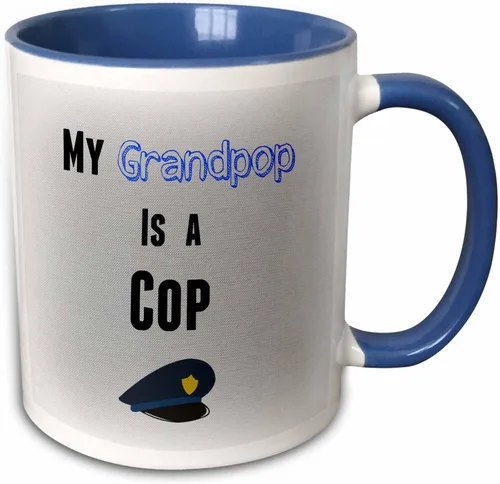 Vista 10 de brooklynmeme Sayings – Mi grandpop es un Cop Frase De Color Azul Con Fondo Gris – Tazas, Negro/Blanco