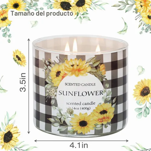 Vista 3 de Vela de girasol, velas perfumadas de girasol de verano, regalo para mujeres, vela grande de 3 mechas, 14 onzas