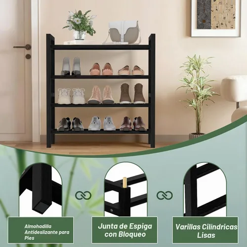 Vista 6 de Zapatero de bambú organizador de zapatos de pie libre, negro, 4 niveles Marrón