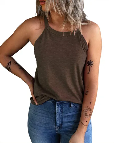 Vista 19 de KINLONSAIR - Camisetas sin mangas de verano para mujer con cuello redondo, estilo halter, para entrenamiento, casual, de tirantes, básicas A16_salmón