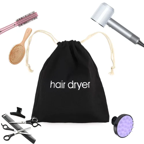 Vista 4 de Bolsas para secador de pelo con cordón, bolsa para viaje, para guardar las cosas del baño (negra)