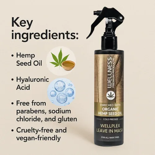 Vista 4 de Wellness Premium Wellplex - Mascarilla capilar sin enjuague en aerosol para control de daños A lightweight blend of hyaluronic acid, hemp seed oil