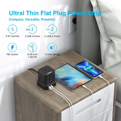 Vista 7 de Regleta de alimentación con USB, USB C (3.0 A) con 5 tomas, 2 USB-C y 2 USB-A, cable de extensión plano de 5 pies con enchufe plano ultrafino