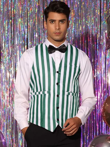 Vista 2 de Lars Amadeus Chaleco de negocios para hombre, ajustado, cuello en V, sin mangas, estampado a rayas Verde