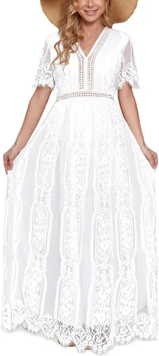 Vista 4 de Vestido de maternidad de encaje con cuello en V para sesión de fotos, baby shower, boda, verano, encaje floral, vestidos de embarazo bohemios