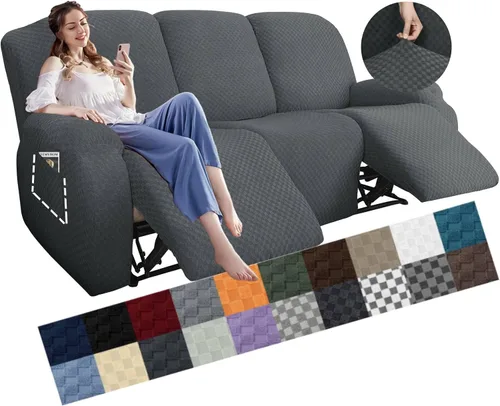 Vista 33 de YEMYHOM Funda elástica de 4 piezas para silla reclinable de jacquard con bolsillo lateral, antideslizante, ajustable, protector de muebles con parte