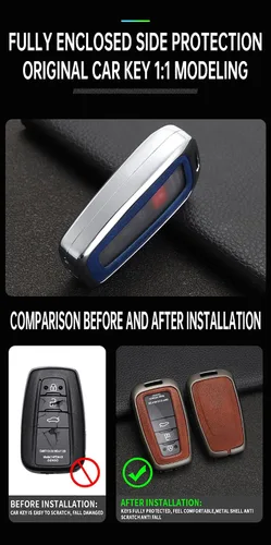 Vista 8 de ontto Funda para llave de coche con llavero de cuero y metal compatible con Toyota Camry CH-R CHR Prius RAV4 86 Corolla Yaris Land Cruiser llavero