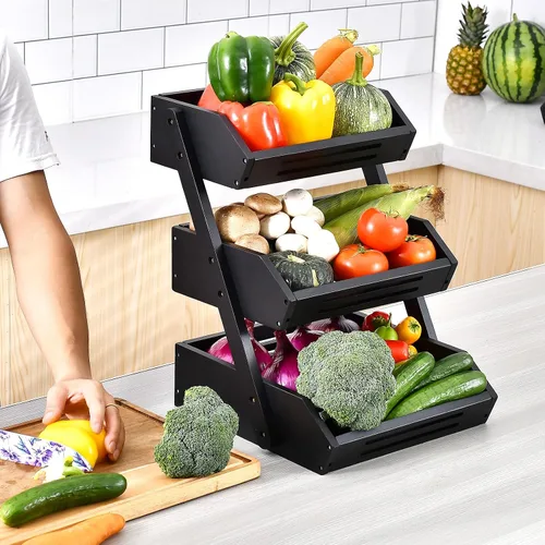 Vista 7 de VIKEYHOME Cesta de frutas, cuenco de frutas de bambú de 3 niveles para cocina, soporte de almacenamiento de frutas y verduras, organizador