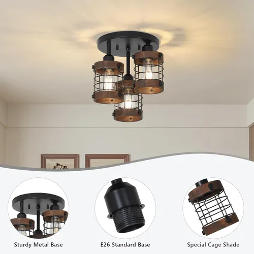 Vista 4 de PAUFUL Lámpara de techo semiempotrada, lámpara de araña de granja de 3 luces para montaje en techo, lámparas negras para pasillo con pantalla