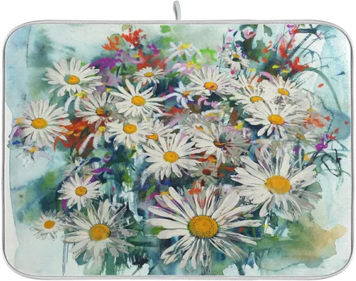 Vista 30 de Tapete de secado de platos de flores de fondo negro para encimera de cocina de 18 x 24 pulgadas, tapete de microfibra absorbente, tapete de secado