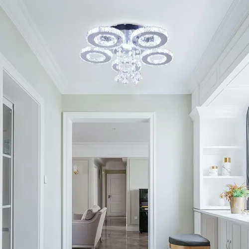 Vista 5 de Lámpara de techo de cristal con 5 anillos, color blanco frío Lámpara de techo de cristal moderna LED para pasillo dormitorio baño cocina y entrada