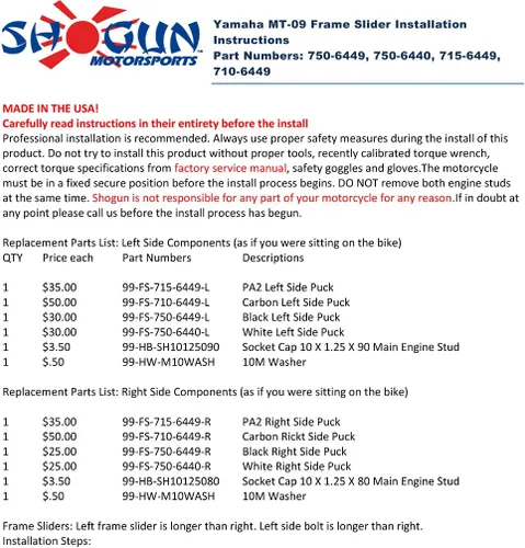 Vista 8 de Shogun USA Made Yam MT-09 MT09 MT 09 SP 2021 2022 2023 2024 2025 2026 Sin corte Deslizadores de marco negro 750-6449